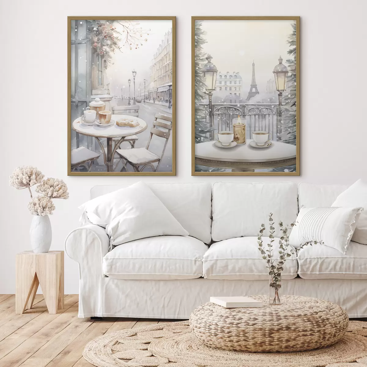 Poster Esthetische cafés met kopjes koffie, straat in de stad Parijs, winter, architectuur d00413