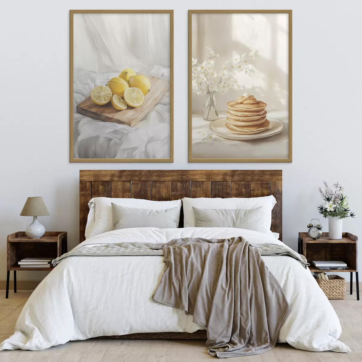 Poster Pannenkoeken met pindakaas, citroenen op de houten plank, aquarelstijl d00416