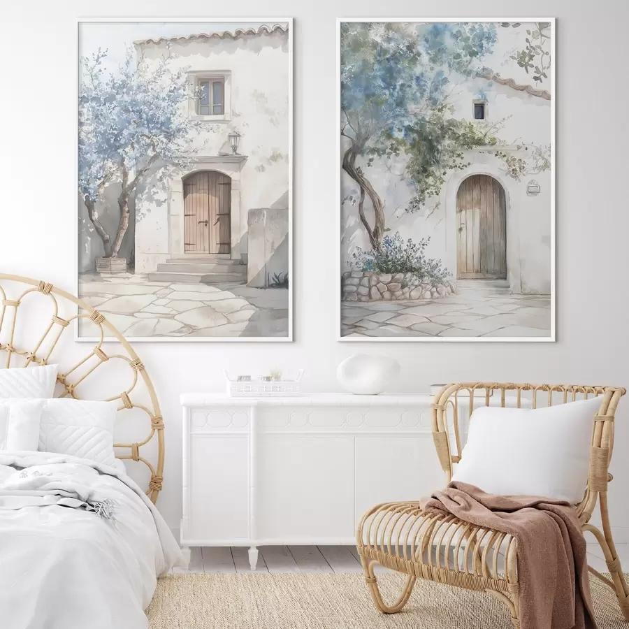 Fotobehang Griekse witte huizen met bloeiende bomen, mediterrane, aquarel stijl tekening d00419