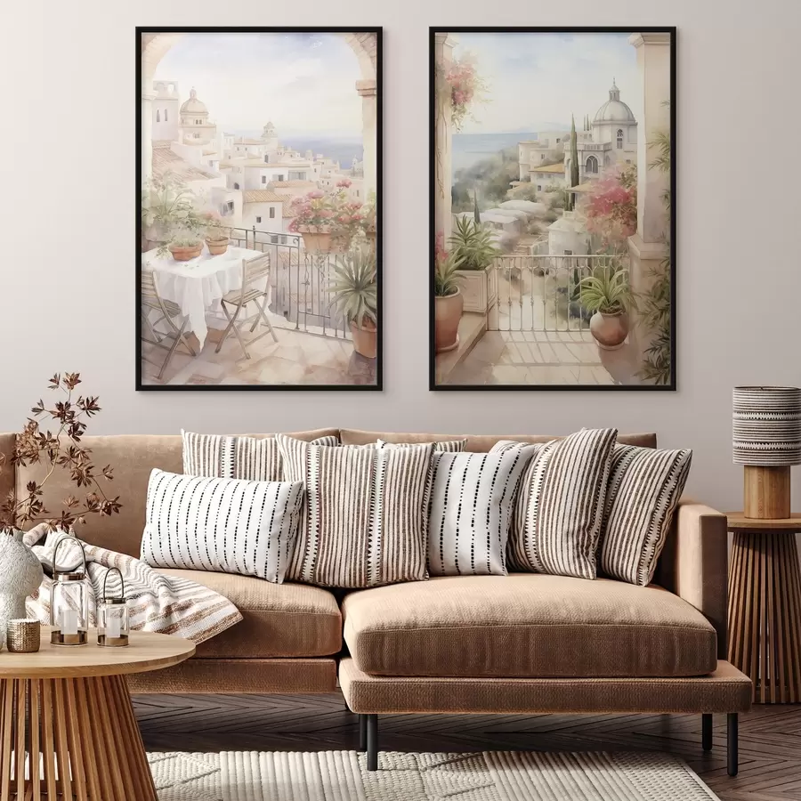 Fotobehang Zonsondergang op het balkon, architectuur, bloeiende bloemen, aquarel stijl, mediterraan d00420