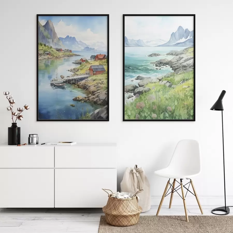 Fotobehang Noorwegen natuur, Lofoten eilanden, zomer landschap, rode huizen, bergen, boten d00421