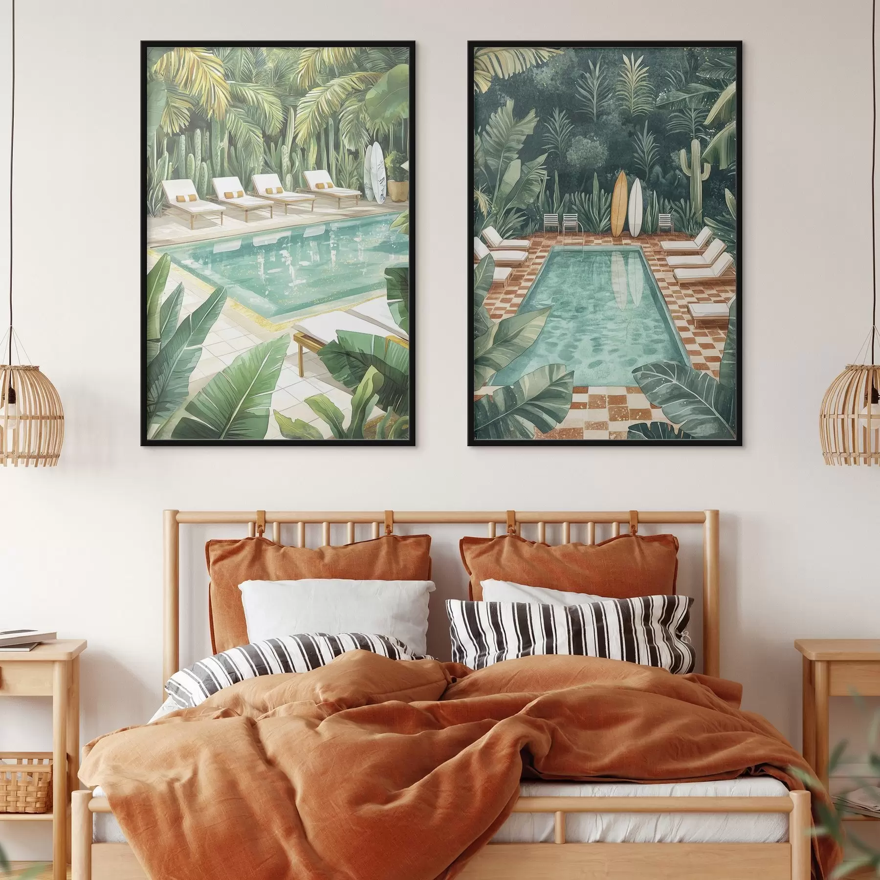 Fotobehang Zomerzwembad, vintage, tropisch bos, groen, palmbomen, aquarelstijl d00422