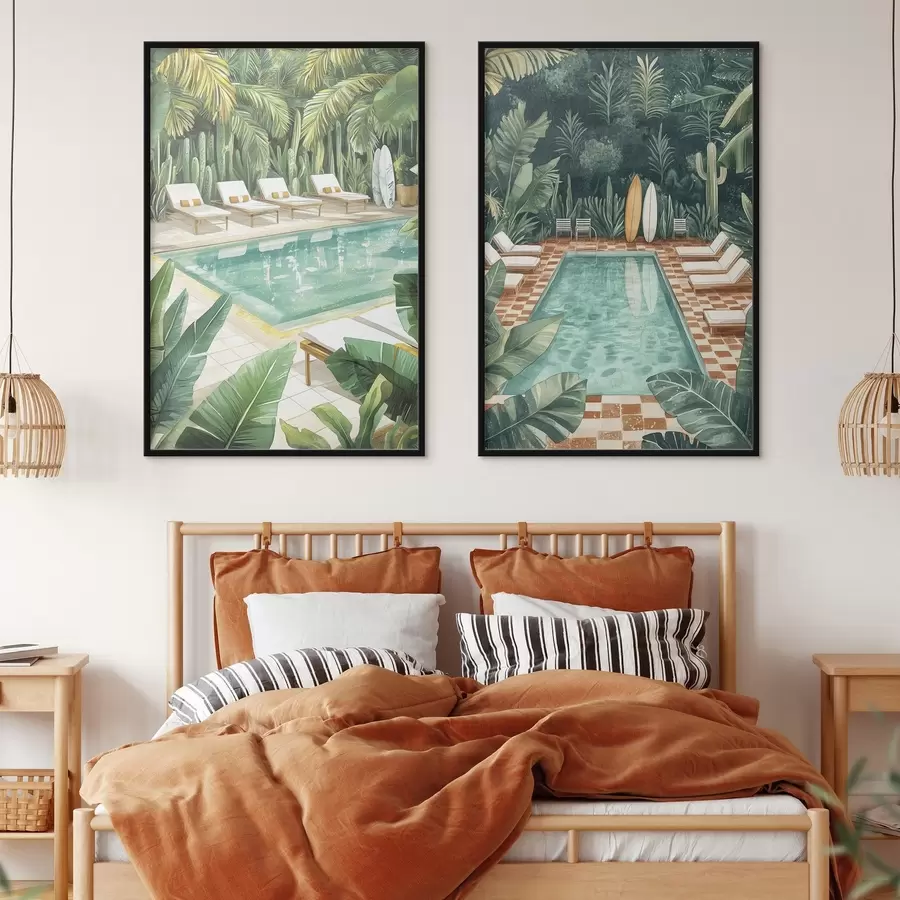 Fotobehang Zomerzwembad, vintage, tropisch bos, groen, palmbomen, aquarelstijl d00422