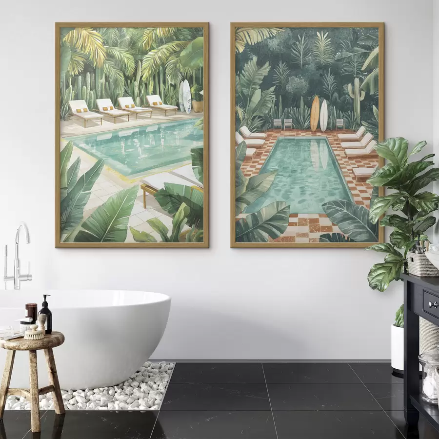 Fotobehang Zomerzwembad, vintage, tropisch bos, groen, palmbomen, aquarelstijl d00422