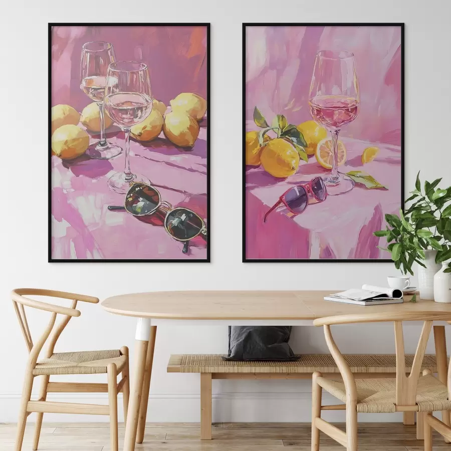 Fotobehang Abstractie in olieverfstijl met glazen champagne, citroenen en zonnebrillen, roze kleuren d00444