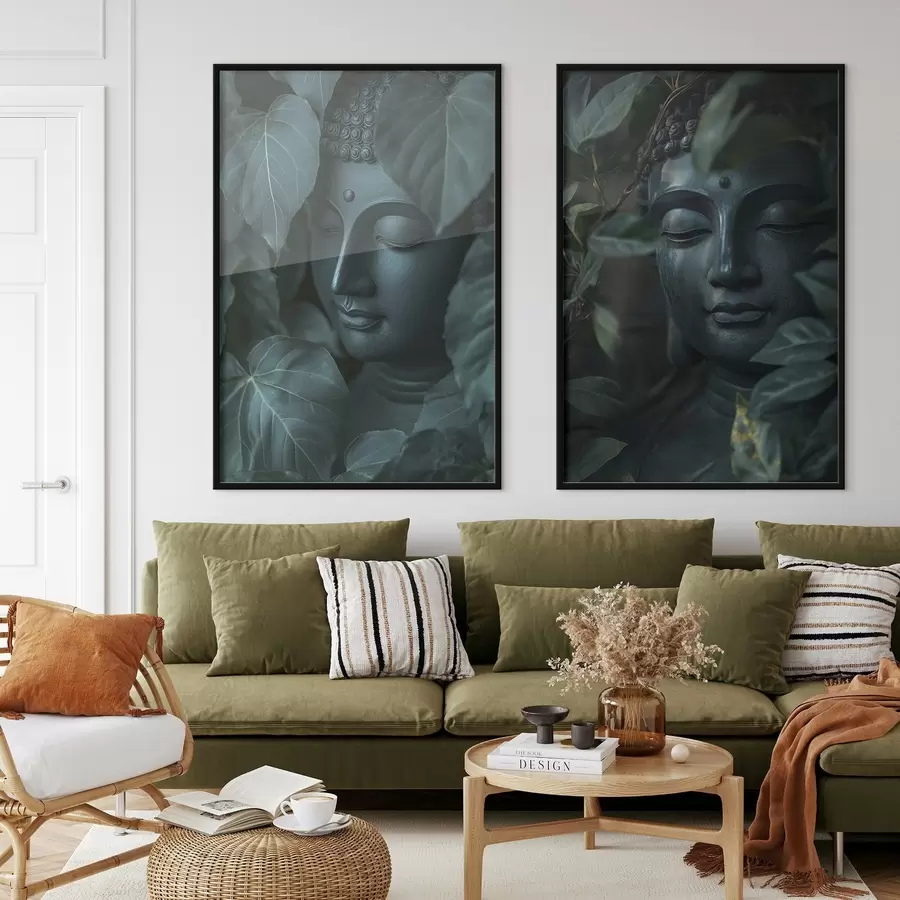 Fotobehang Meditatieve Boeddha in de groene bladeren, boeddhisme, tropisch, realisme d00447