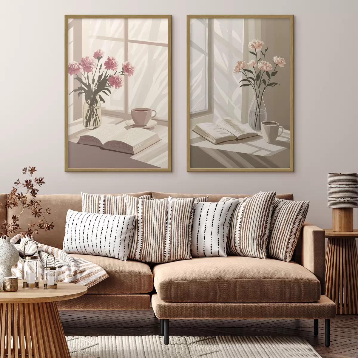 Poster Abstractie, ochtend esthetiek, kopje koffie, boek, bloemen d00448