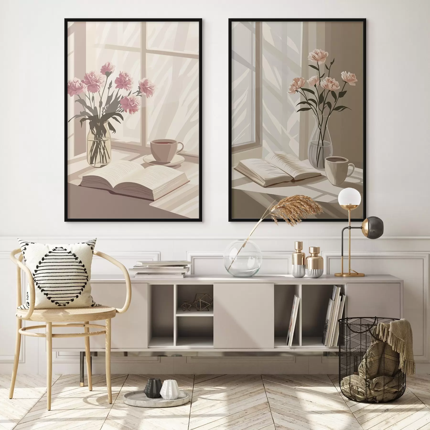 Fotobehang Abstractie, ochtend esthetiek, kopje koffie, boek, bloemen d00448