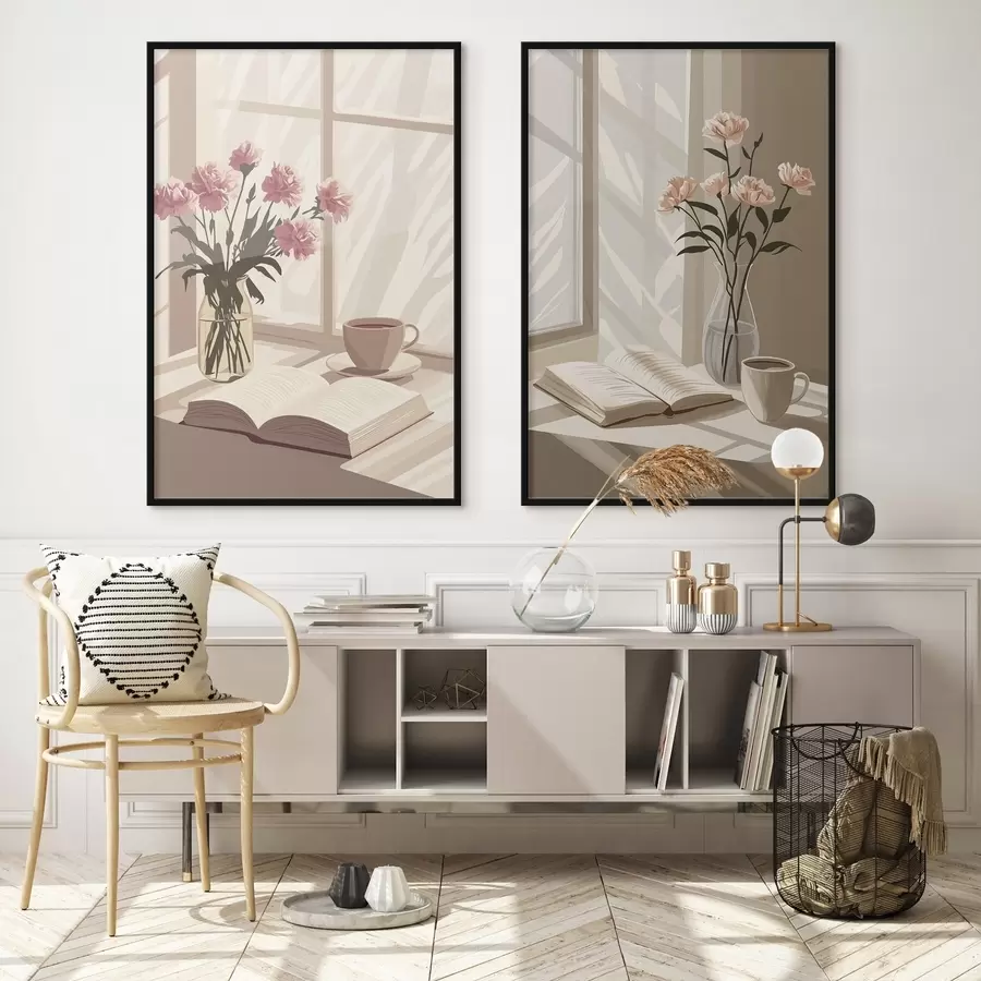 Fotobehang Abstractie, ochtend esthetiek, kopje koffie, boek, bloemen d00448