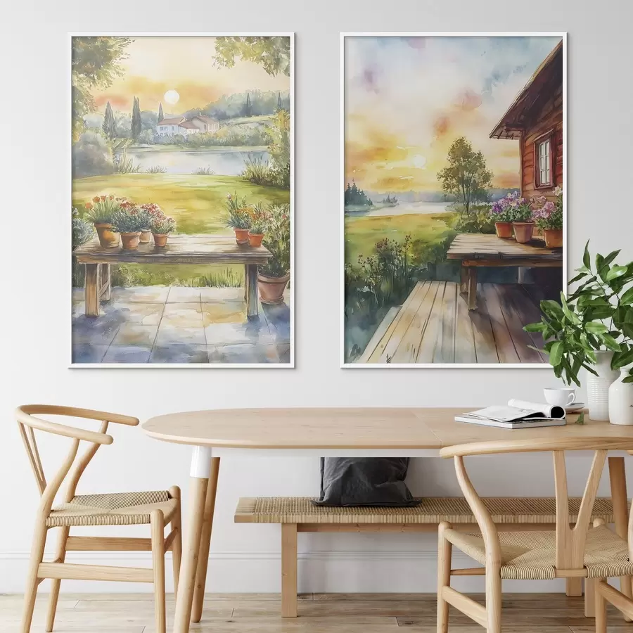 Fotobehang Zomerdorp, zonsondergang, rustiek, bloemen, meer, aquarel stijl d00449