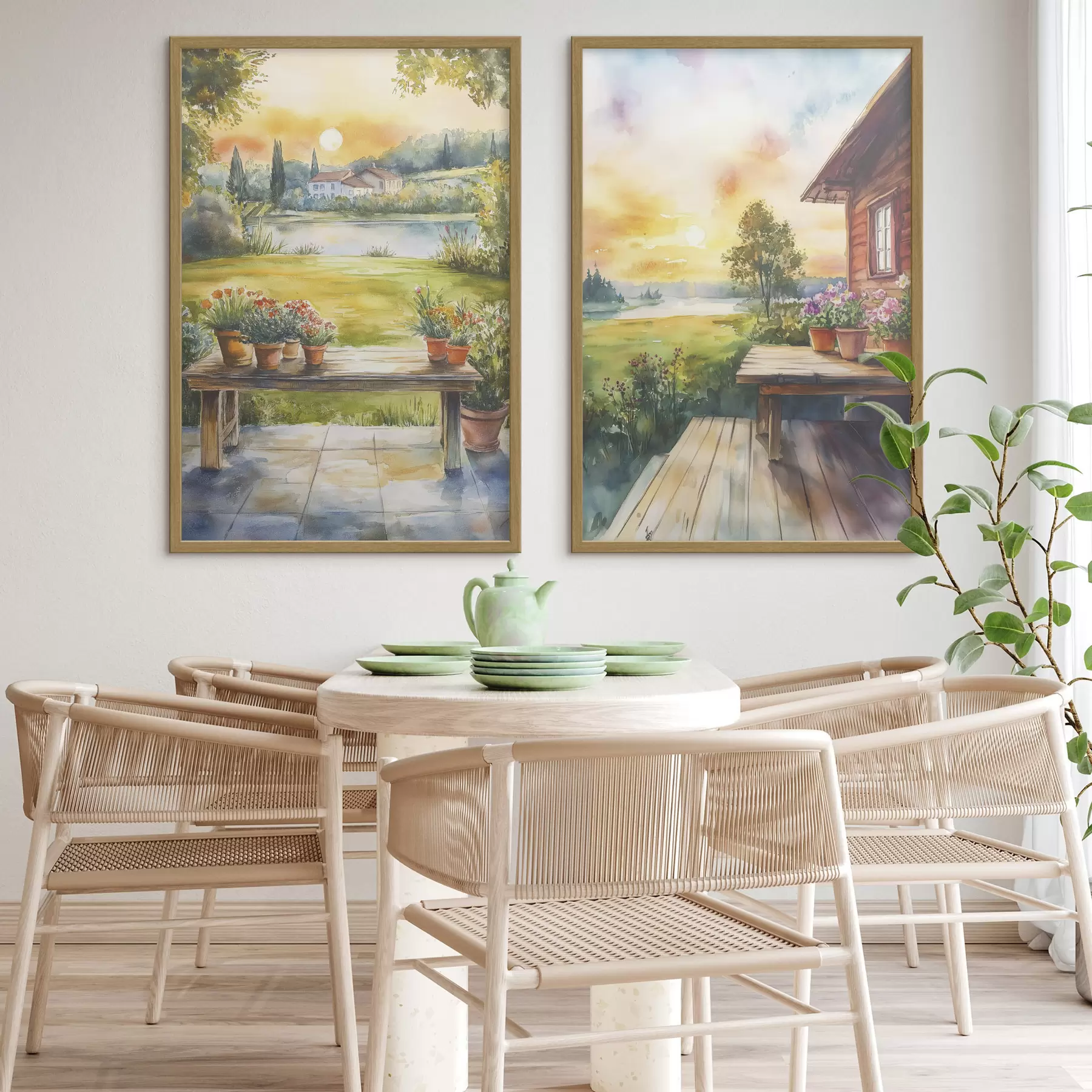 Fotobehang Zomerdorp, zonsondergang, rustiek, bloemen, meer, aquarel stijl d00449