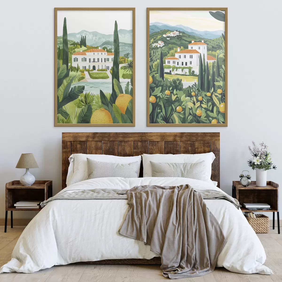 Poster Mediterraan landschap met bomen en huizen, zeekust, Spanje d00450