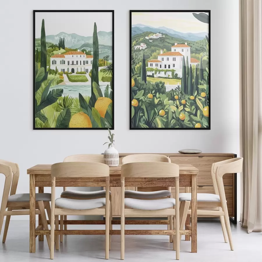 Fotobehang Mediterraan landschap met bomen en huizen, zeekust, Spanje d00450