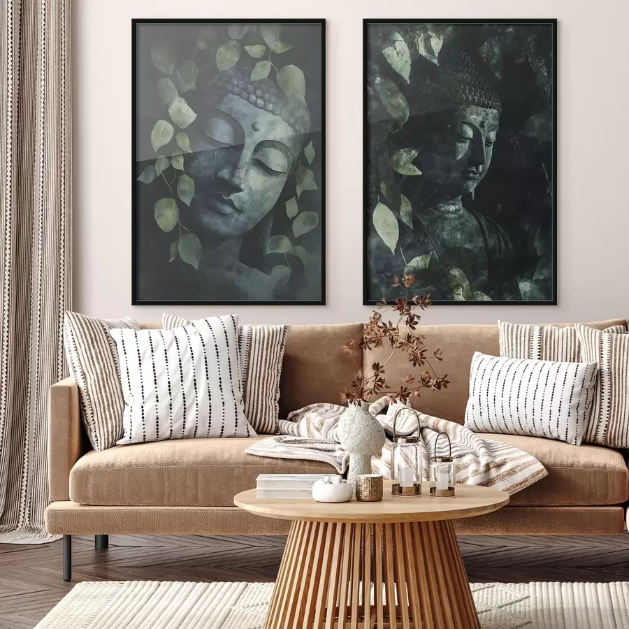 Fotobehang Groene Boeddha in tropische bladeren, aquarelstijl d00451