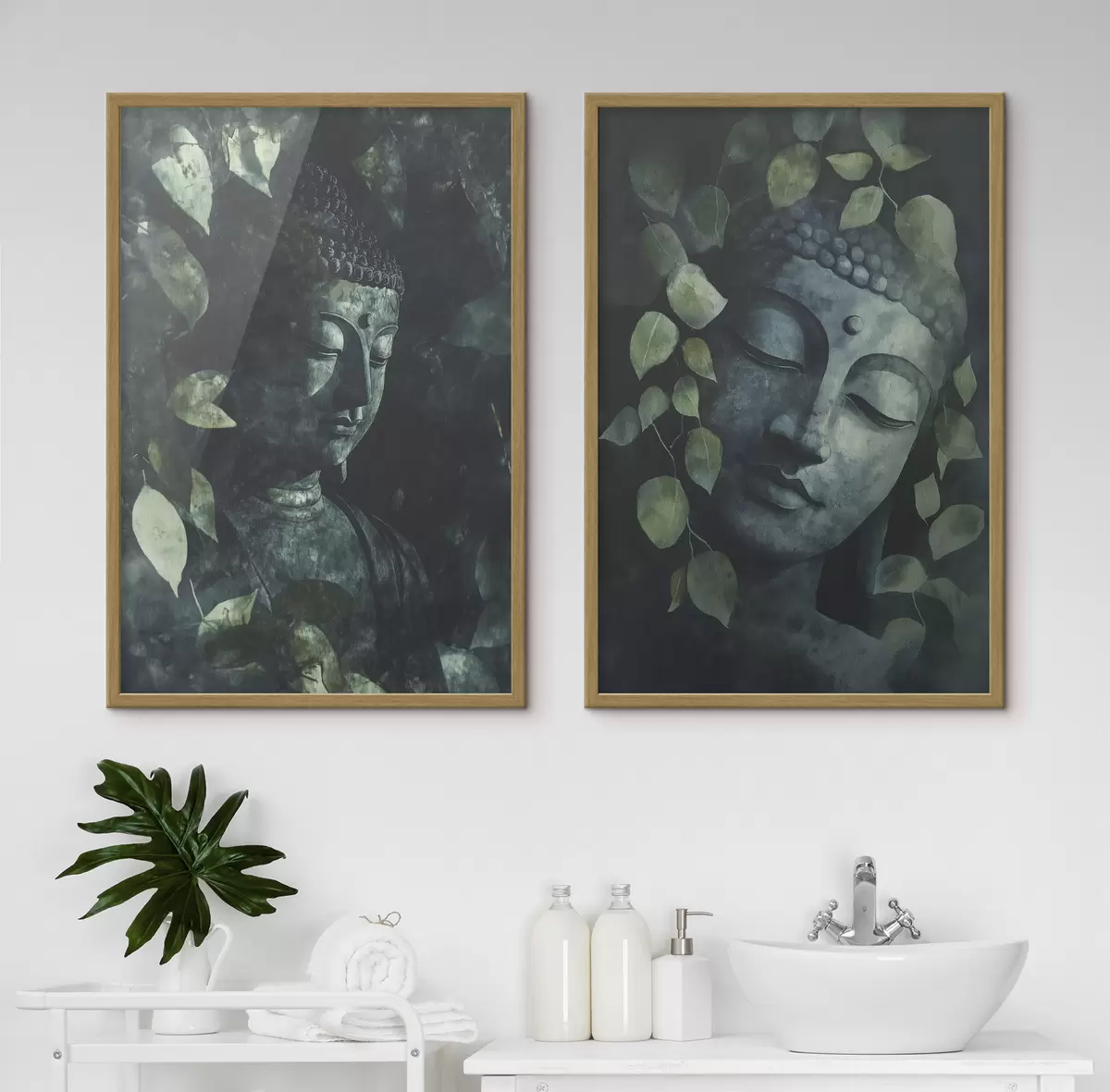 Poster Groene Boeddha in tropische bladeren, aquarelstijl d00451