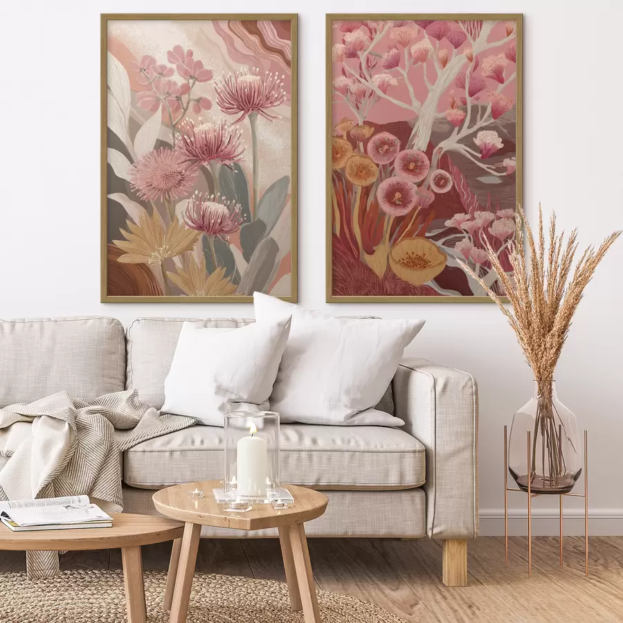 Fotobehang Boho stijl bloemen, gedetailleerde tekening, bordeauxrode kleuren d00476