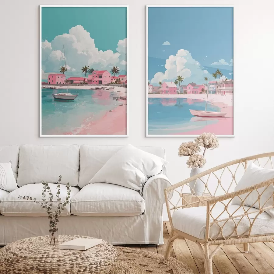 Fotobehang Roze zomerstrand met zon, zeilboot en huizen d00479
