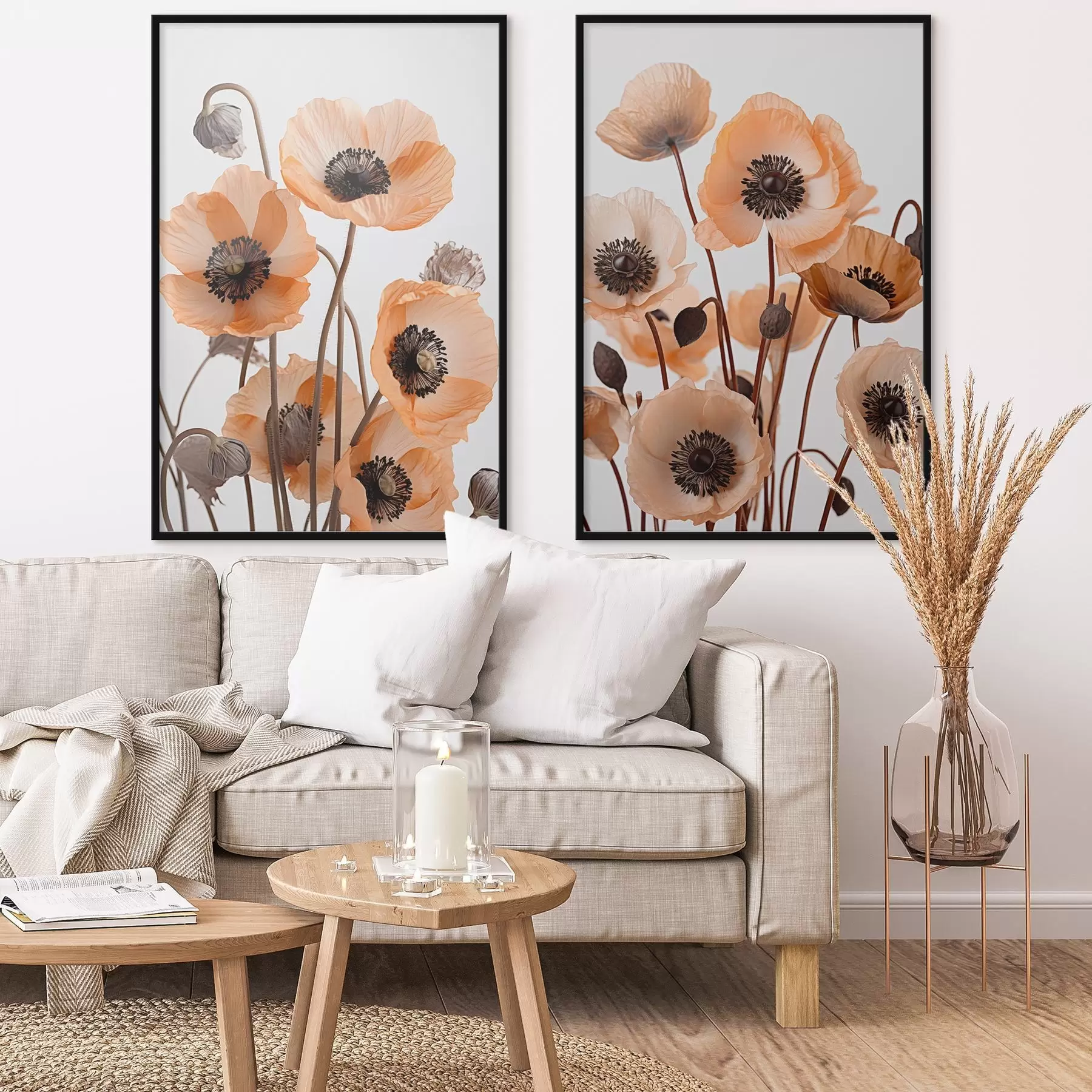 Fotobehang Oranje klaprozen, gedroogde bloemen tegen een lichte achtergrond, zachte verlichting, delicate bloemblaadjes, bloemstuk d00518
