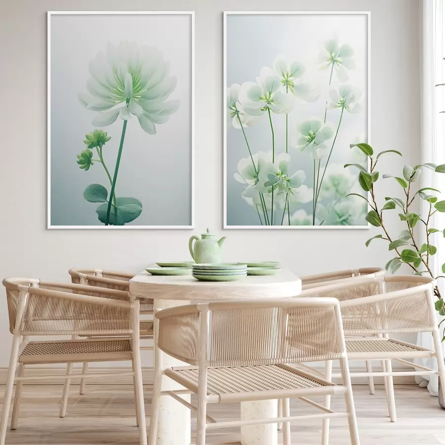 Fotobehang Witte klaver bloemen met groene stengel en bladeren, zachte verlichting, schone achtergrond, minimalistische compositie, botanisch d00520