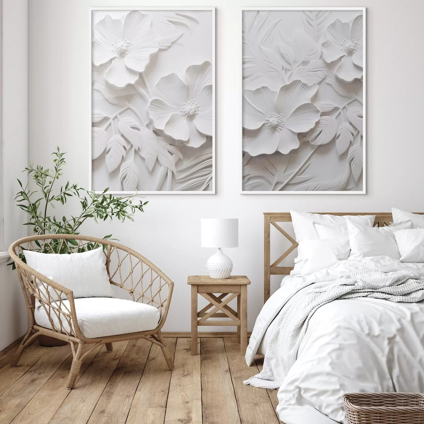 Fotobehang Decoratieve minimalistische witte bloemen met bladeren, reliëfimitatie, witte achtergrond d00524