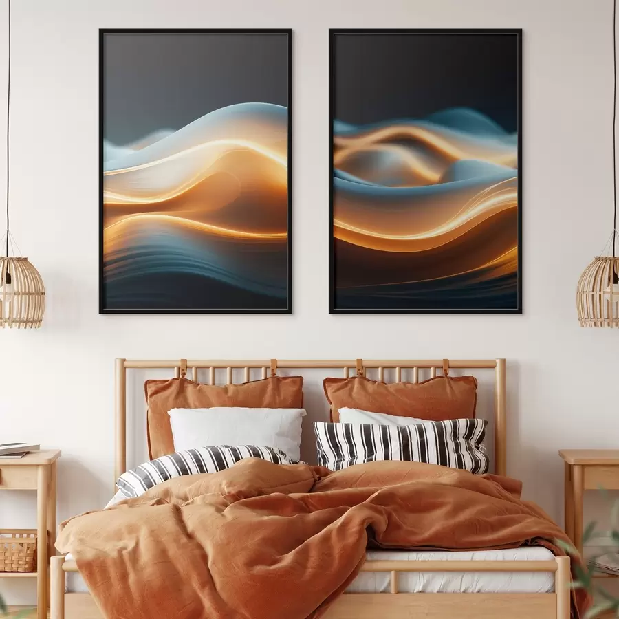 Fotobehang Abstracte vloeiende vormen met oranje lijnen, vloeiende rondingen en lijnen, dynamische compositie, donkere achtergrond d00526