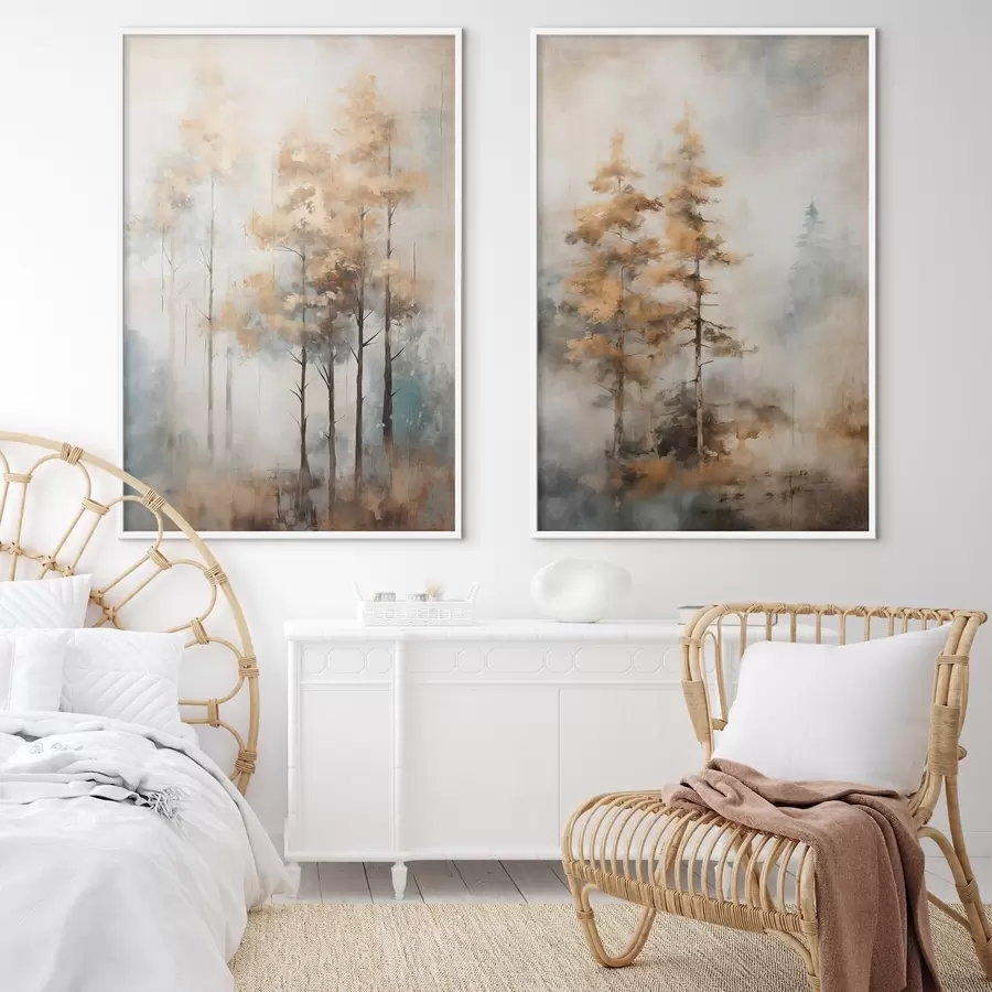 Fotobehang Hoge bomen met gele bladeren in een bos, de achtergrond is een mix van zachte blauwe en bruine tinten d00528