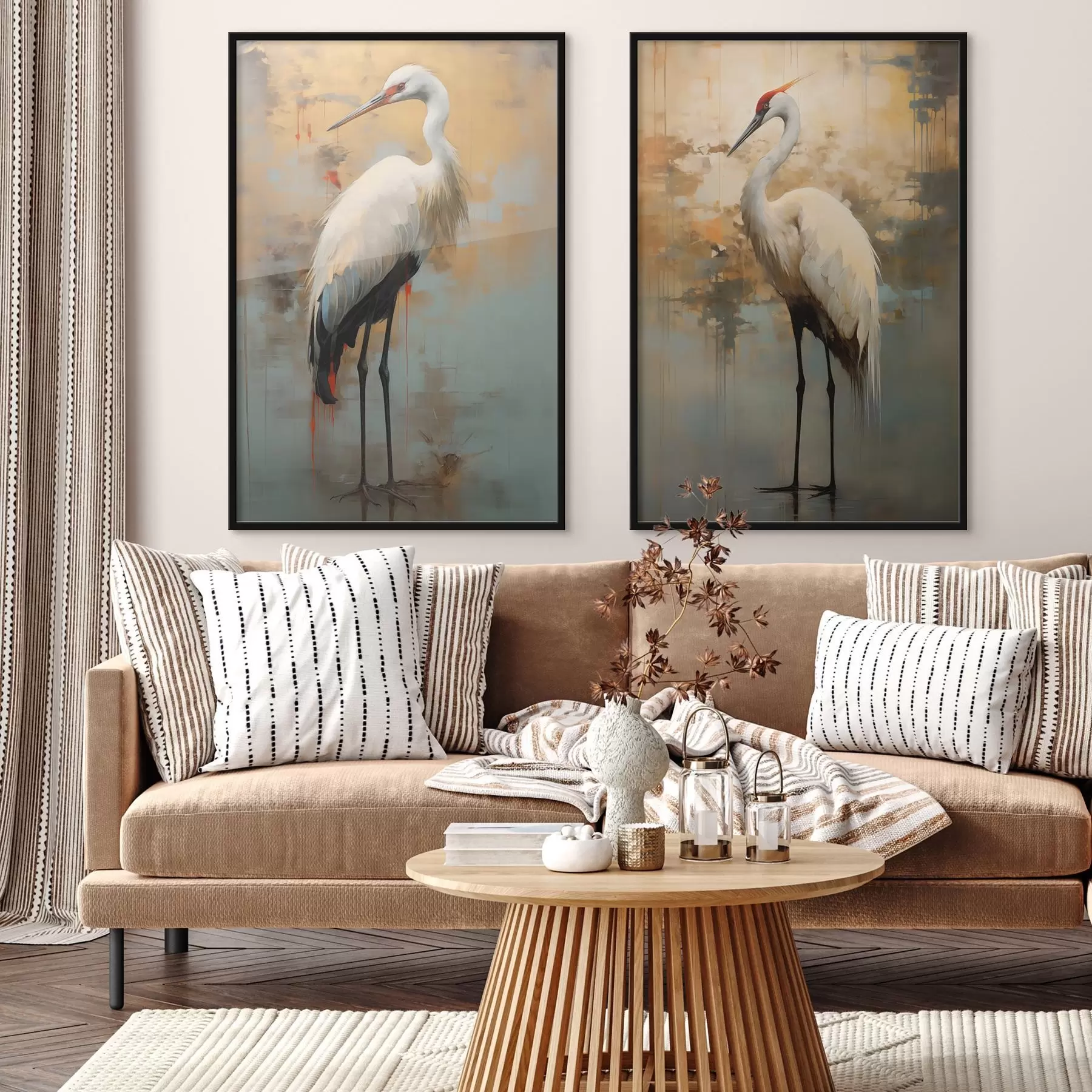  Schilderijen Witte reiger tegen een achtergrond van gedempte gele, bruine en blauwe tinten die een mistig, abstract landschap suggereren d00530