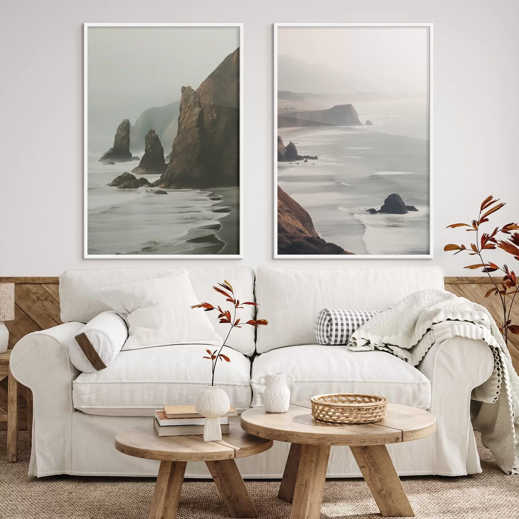 Fotobehang Rotsachtige kliffen en zeekust, golven die op de kust beuken, landschap met een stemmige sfeer, aardetinten d00531