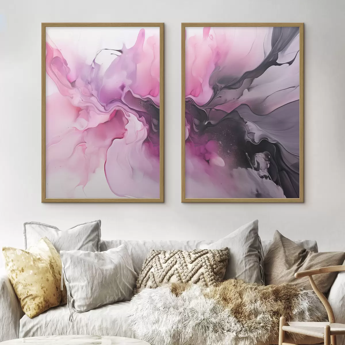 Poster Abstracte wervelingen van roze, paars en zwart smelten samen in een vloeiende, organische compositie en creëren een gevoel van beweging d00532