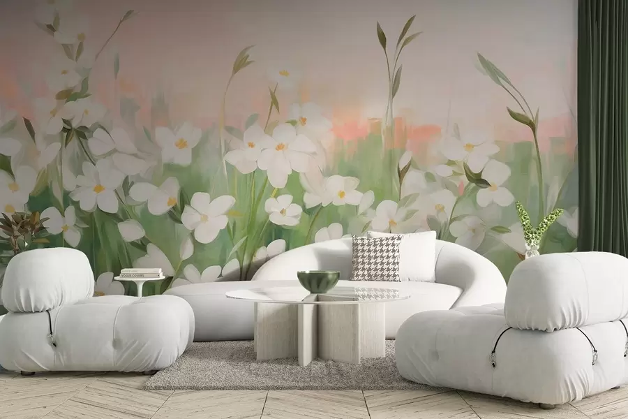 Fotobehang Abstract veld met wilde bloemen met groene stengels en bladeren, tegen een zachtroze en wit gestructureerde lucht w09297