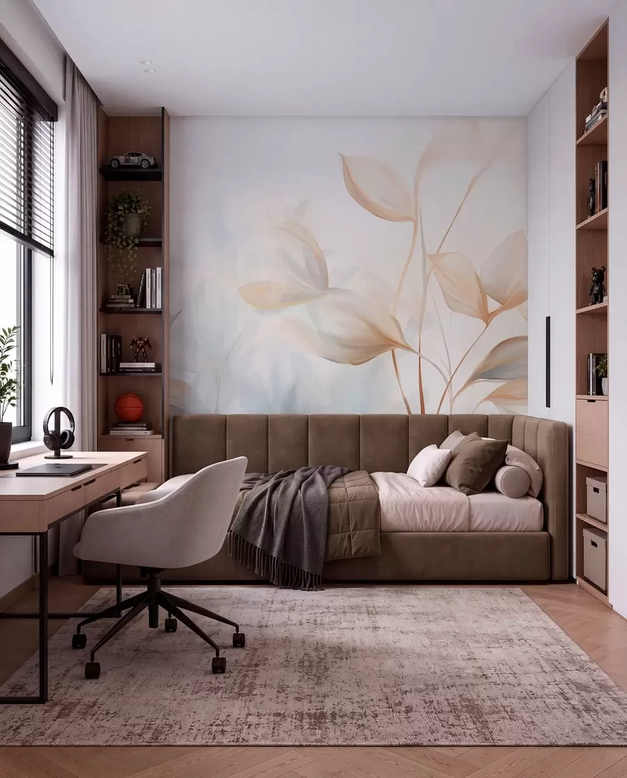 Fotobehang Zachte, delicate, doorschijnende bladeren in gedempte tinten beige, perzik en lichtblauw, gestructureerde pastelkunst w09607