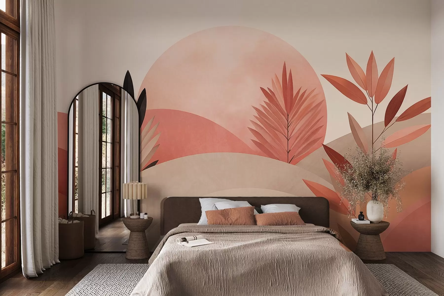 Fotobehang Abstract boho-landschap, zon achter glooiende heuvels, planten op de voorgrond, minimalistisch, gestructureerd, gedempte kleuren w09608