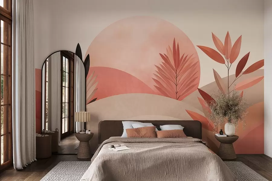 Fotobehang Abstract boho-landschap, zon achter glooiende heuvels, planten op de voorgrond, minimalistisch, gestructureerd, gedempte kleuren w09608