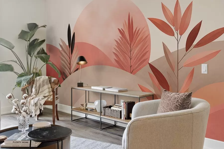 Fotobehang Abstract boho-landschap, zon achter glooiende heuvels, planten op de voorgrond, minimalistisch, gestructureerd, gedempte kleuren w09608