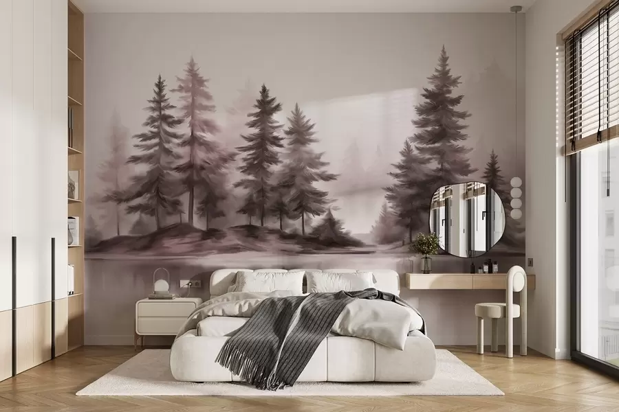 Fotobehang Een mistig bos met textuur en hoge dennenbomen, imitatie schilderij w09610v1