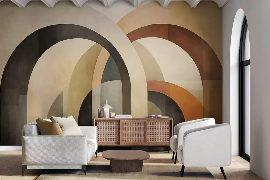 Fotobehang Abstracte geometrische bogen met textuur in aardetinten van beige, bruin en grijs, een gelaagd modern architectonisch ontwerp w09611
