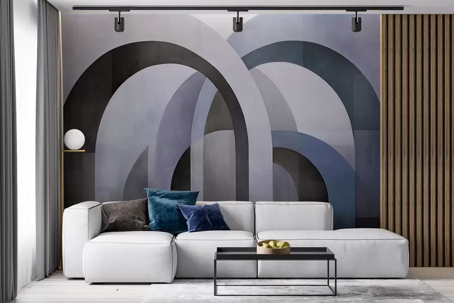 Fotobehang Abstracte geometrische bogen met textuur in blauw-, zwart- en grijstinten, een gelaagd modern architectonisch ontwerp w09611v1