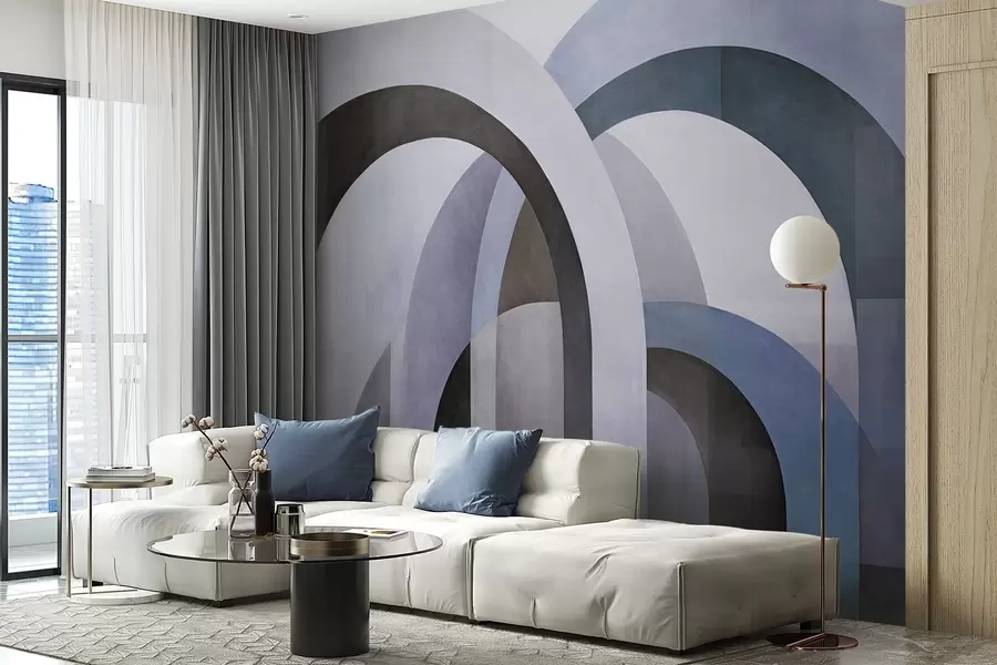 Fotobehang Abstracte geometrische bogen met textuur in blauw-, zwart- en grijstinten, een gelaagd modern architectonisch ontwerp w09611v1