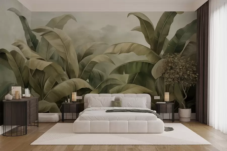 Fotobehang Getextureerd, dichtbegroeid jungle-landschap met grote bananenbladeren in gedempte groene en beige tinten w09613