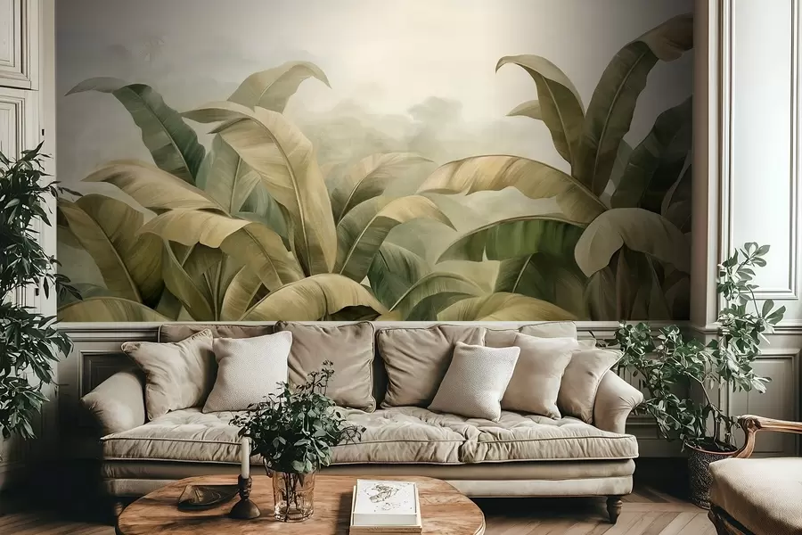 Fotobehang Getextureerd, dichtbegroeid jungle-landschap met grote bananenbladeren in gedempte groene en beige tinten w09613