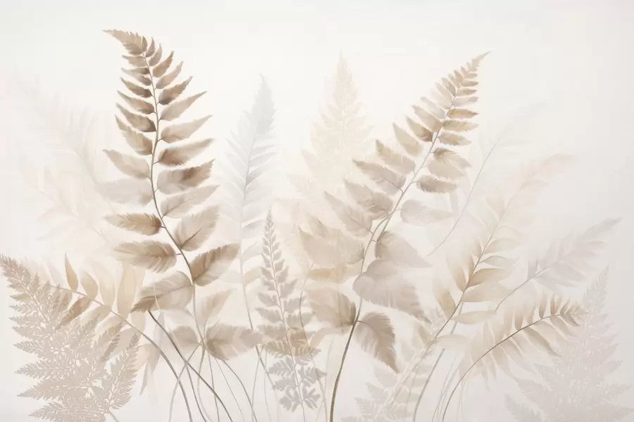 Fotobehang Getextureerde gedroogde varenbladeren in verschillende bruintinten, met een zachte, lichte achtergrond in aquarelstijl. w09615