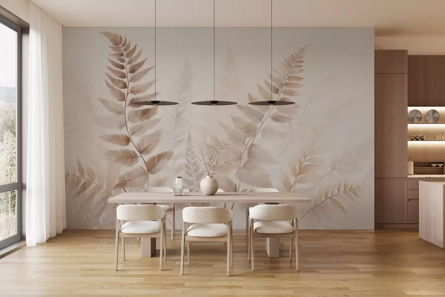 Fotobehang Getextureerde gedroogde varenbladeren in verschillende bruintinten, met een zachte, lichte achtergrond in aquarelstijl. w09615