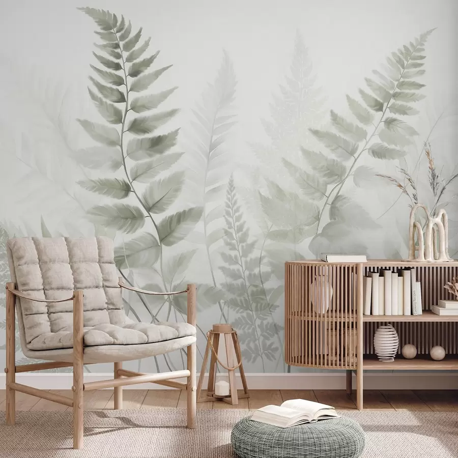 Fotobehang Getextureerde gedroogde varenbladeren in verschillende tinten groen, met een zachte, lichte achtergrond in aquarelstijl. w09615v1