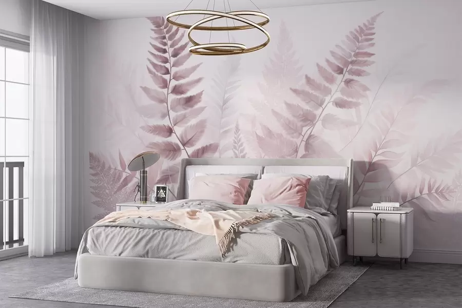 Fotobehang Getextureerde gedroogde varenbladeren in verschillende tinten roze, met een zachte, lichte achtergrond in aquarelstijl. w09615v2