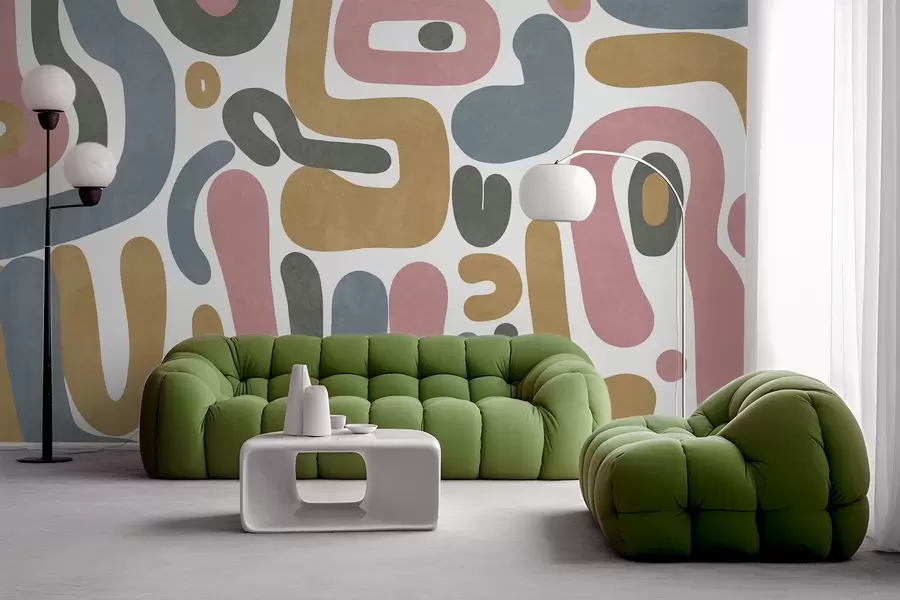 Fotobehang Abstracte vormen met textuur in pastelroze, gedempt blauw, mosterdgeel en grijs op een witte achtergrond, moderne kunst w09620