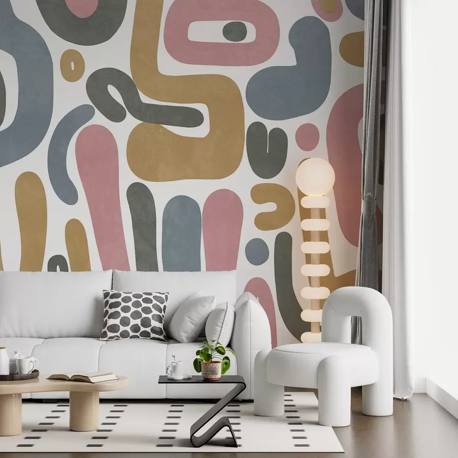 Fotobehang Abstracte vormen met textuur in pastelroze, gedempt blauw, mosterdgeel en grijs op een witte achtergrond, moderne kunst w09620