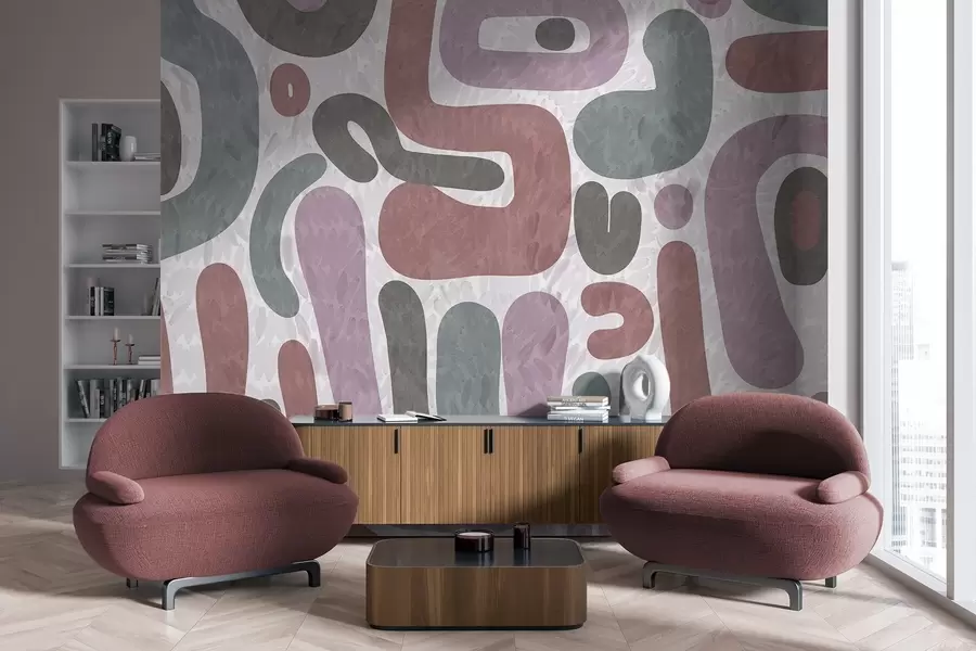 Fotobehang Abstracte vormen met textuur in gedempte roze, groene en grijze tinten, op een achtergrond met textuur moderne kunst w09622