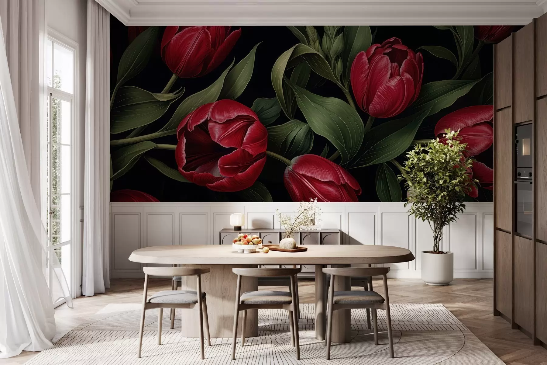 Fotobehang Rode tulpen van de nacht w05047
