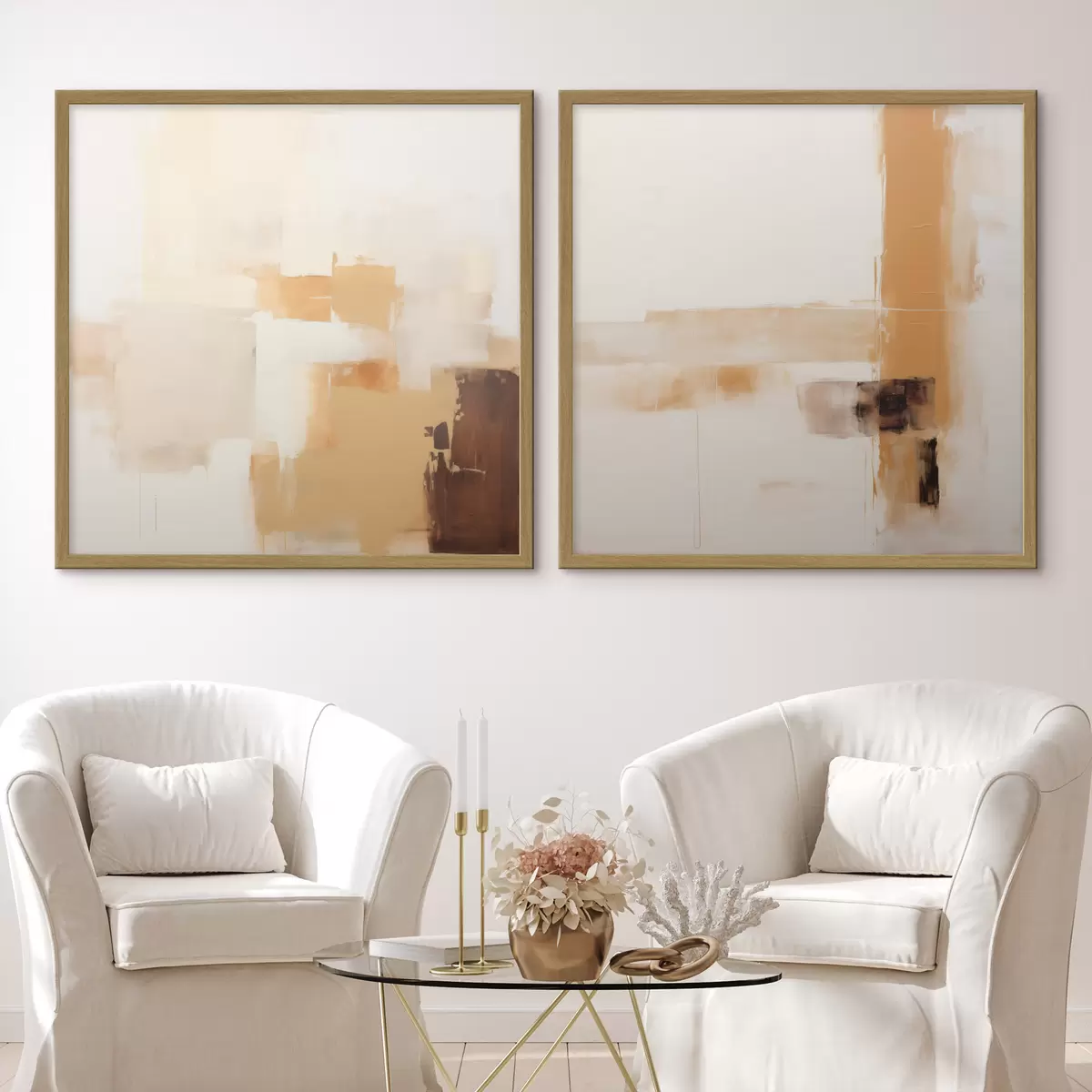Poster Abstracte tweedelige compositie in beige en bruin d00891