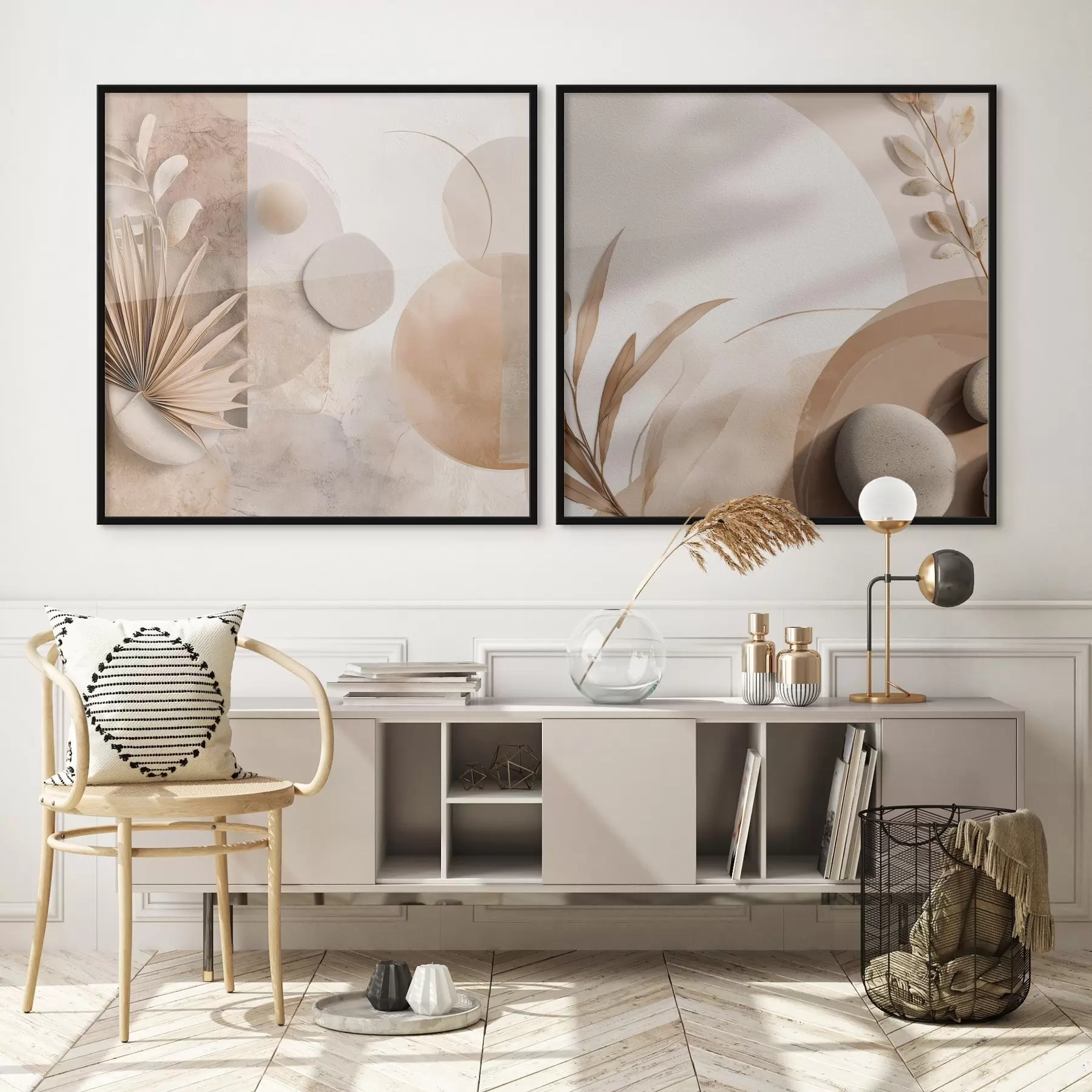 Fotobehang Twee doeken met gedroogde bladeren en gestructureerde vormen d00893